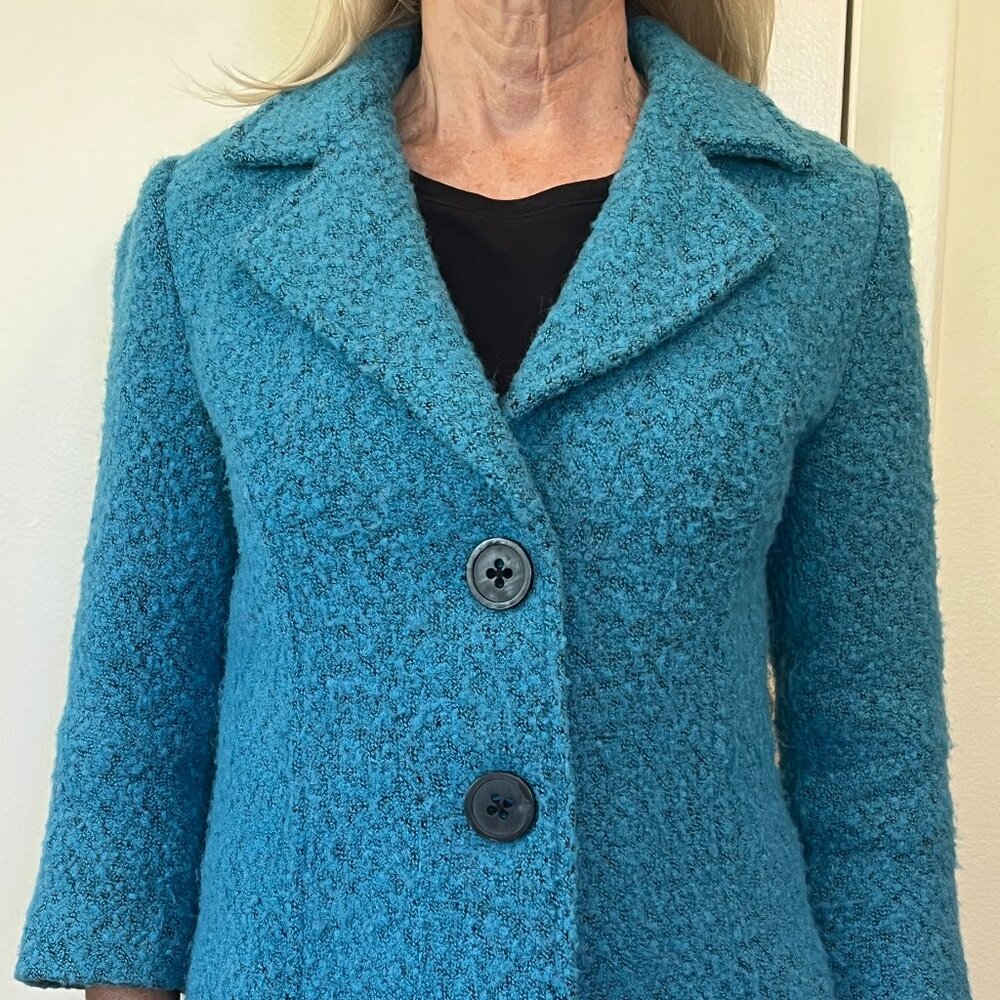 Turquoise blue, short waisted jacket with 2 buttons in front by CAbi size 0